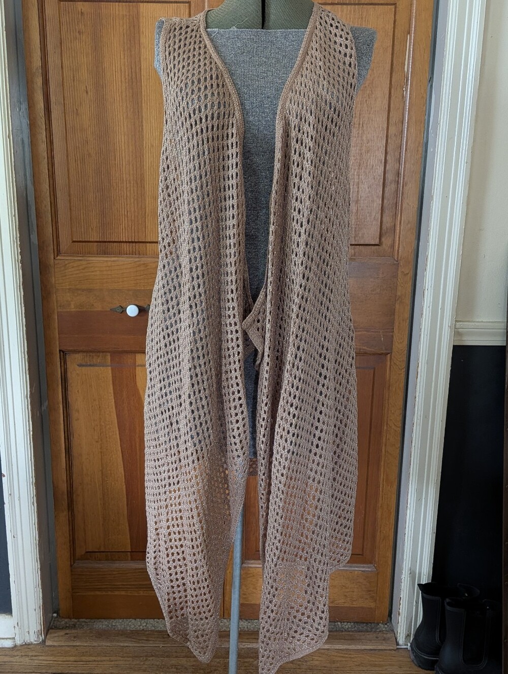 Open Knit Sleeveless Duster Vest - Beige